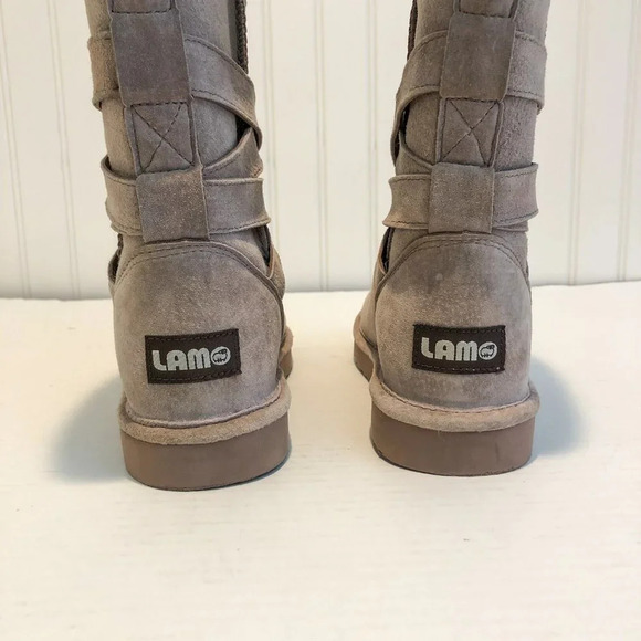 LAMO Leather Suede Sheepskin Round Toe Cream Tan High Winter Boots Women's - Picture 6 of 9